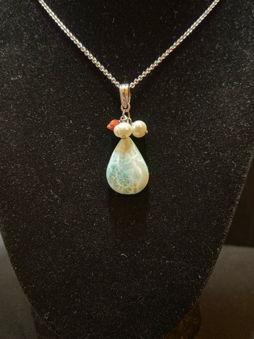 Sterling Silver Larimar Teardrop Pendant Necklace with Pearl & Coral Accents